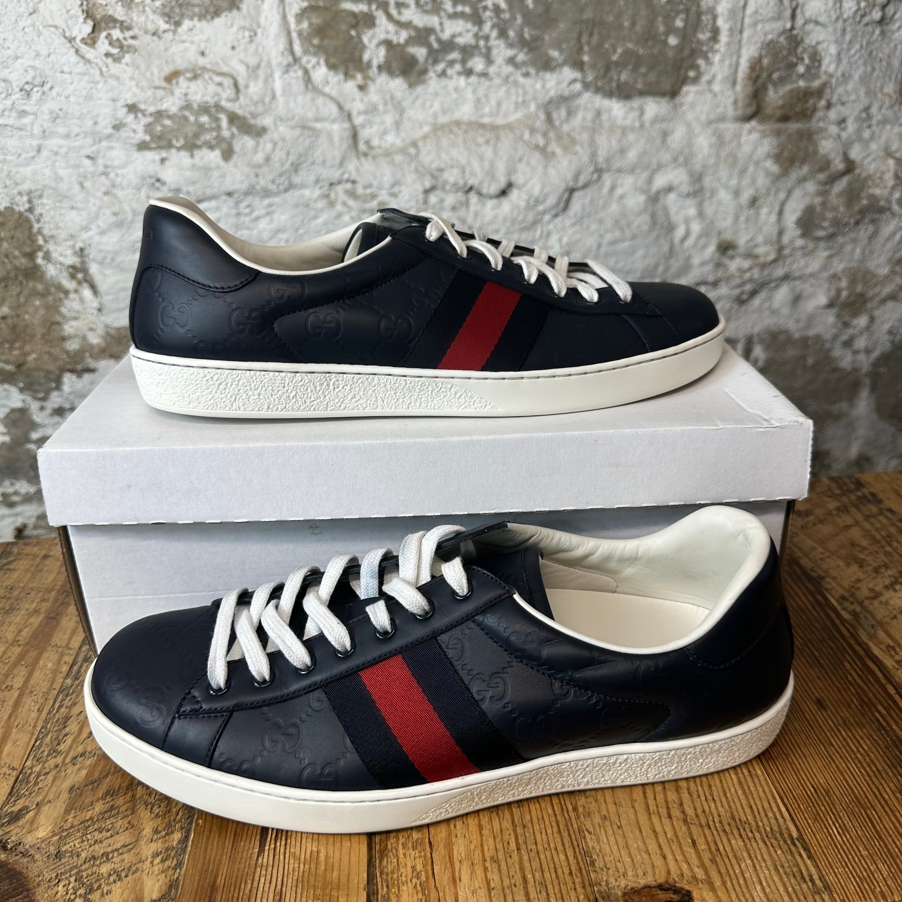 Gucci Navy Embossed GG Monogram Ace Sneaker Sz 12