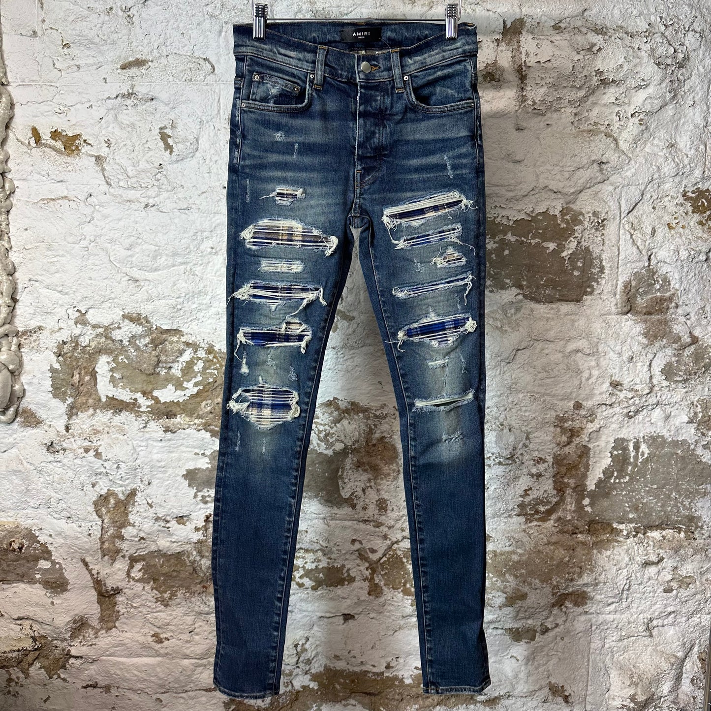 Amiri MX1 Blue Plaid Flannel Dark Blue Denim Jeans Sz 29