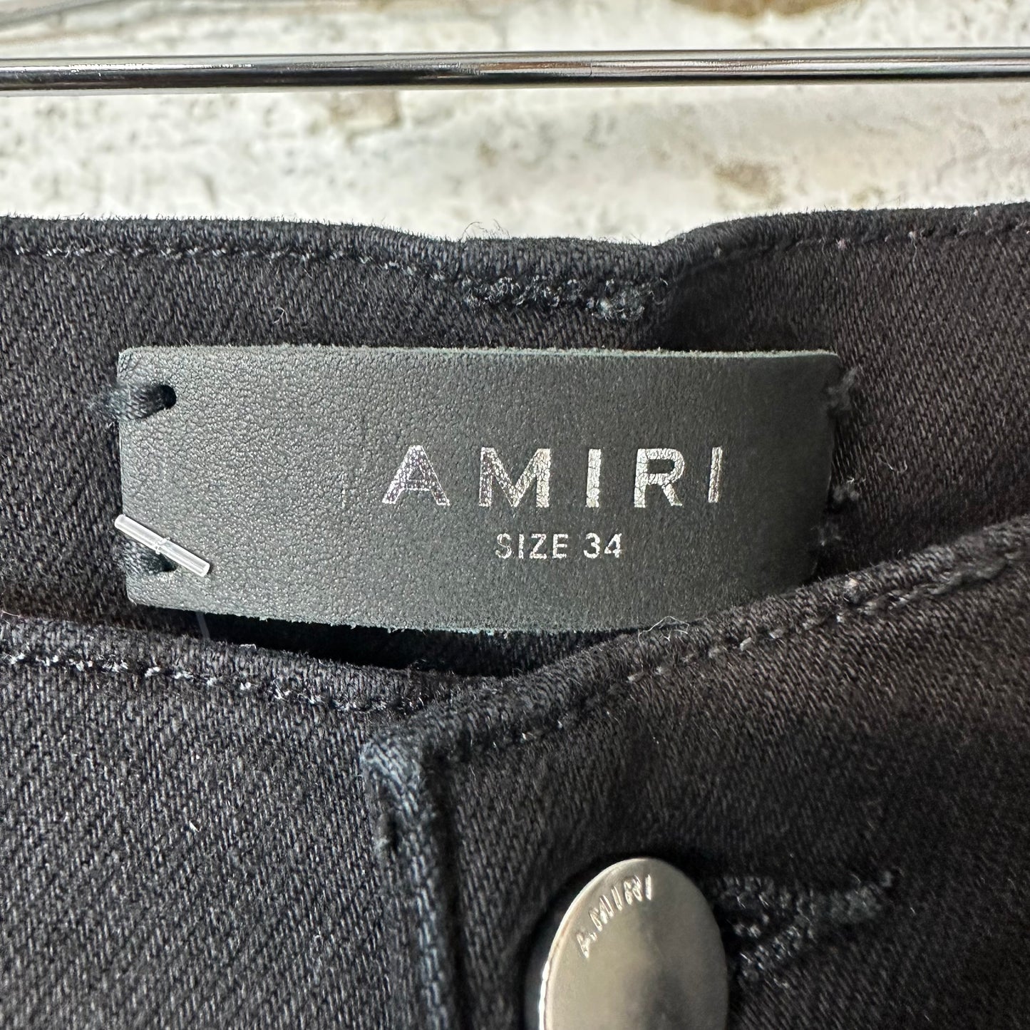 Amiri Leather Script Logo Black Denim Jeans Sz 34