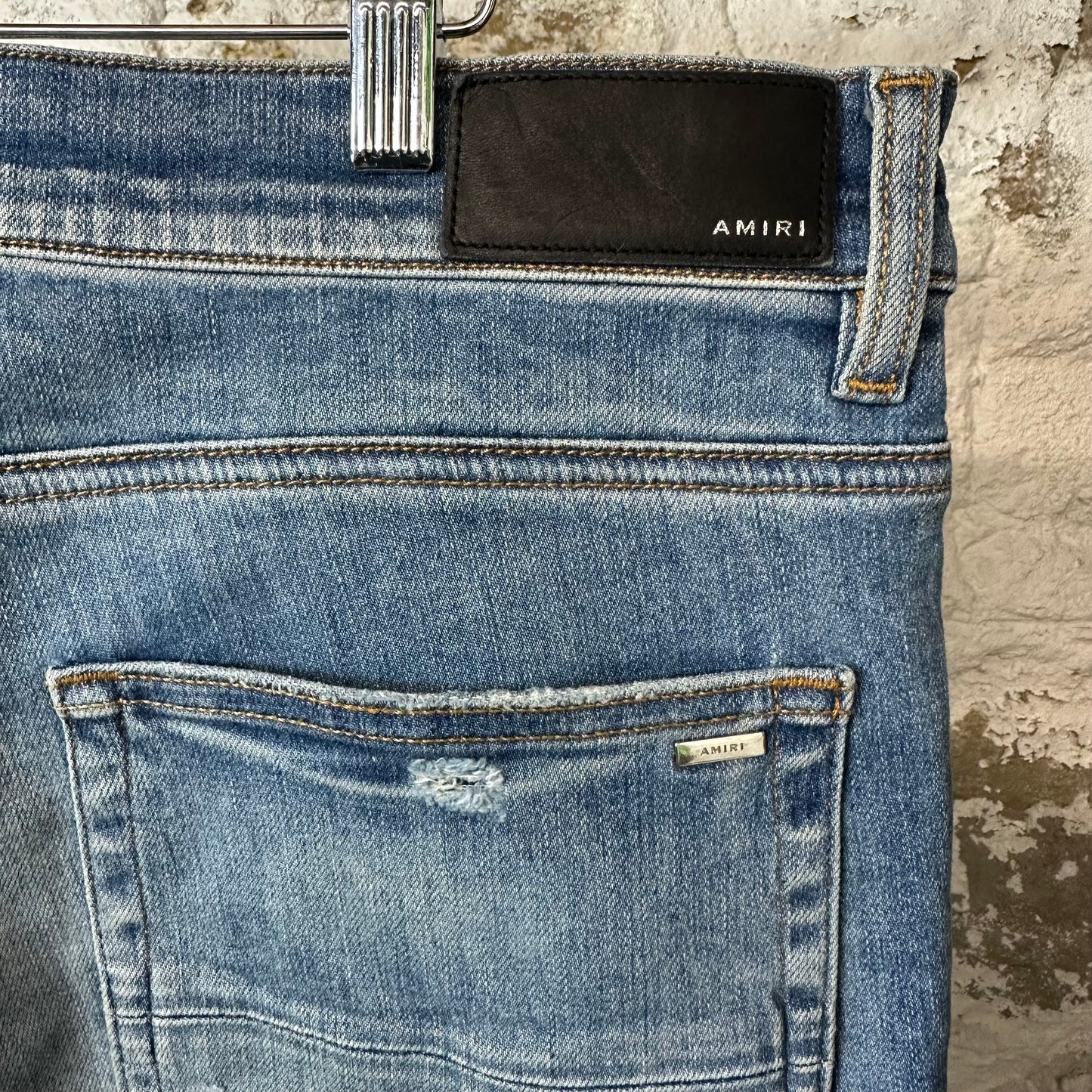 Amiri Distressed Side Spell Blue Denim Jeans Sz 36