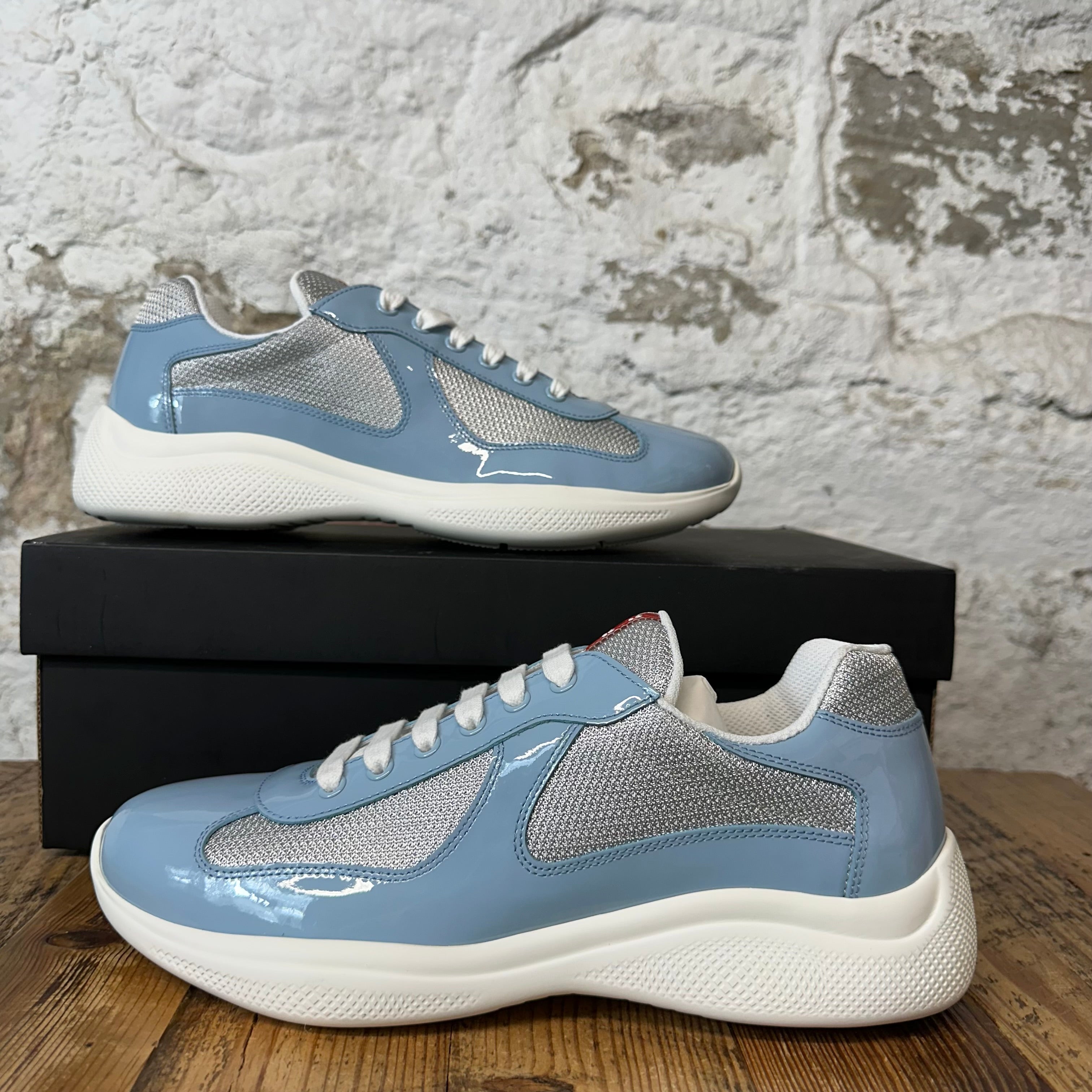 Prada Americas Cup Celeste Argento Patent Sneaker Sz 8 DS