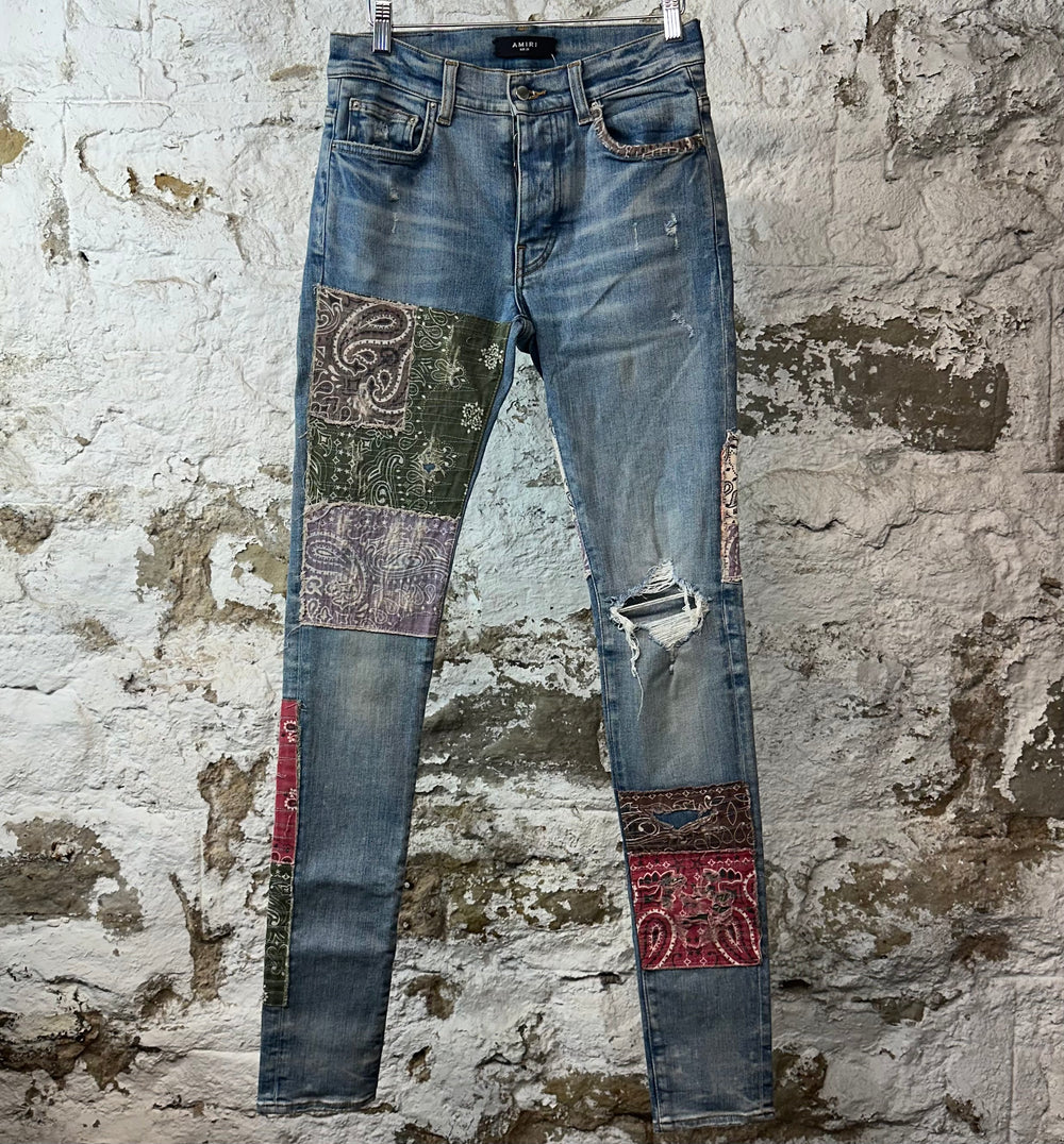 Amiri Multicolor Paisley Patch Blue Denim Jeans Sz 28