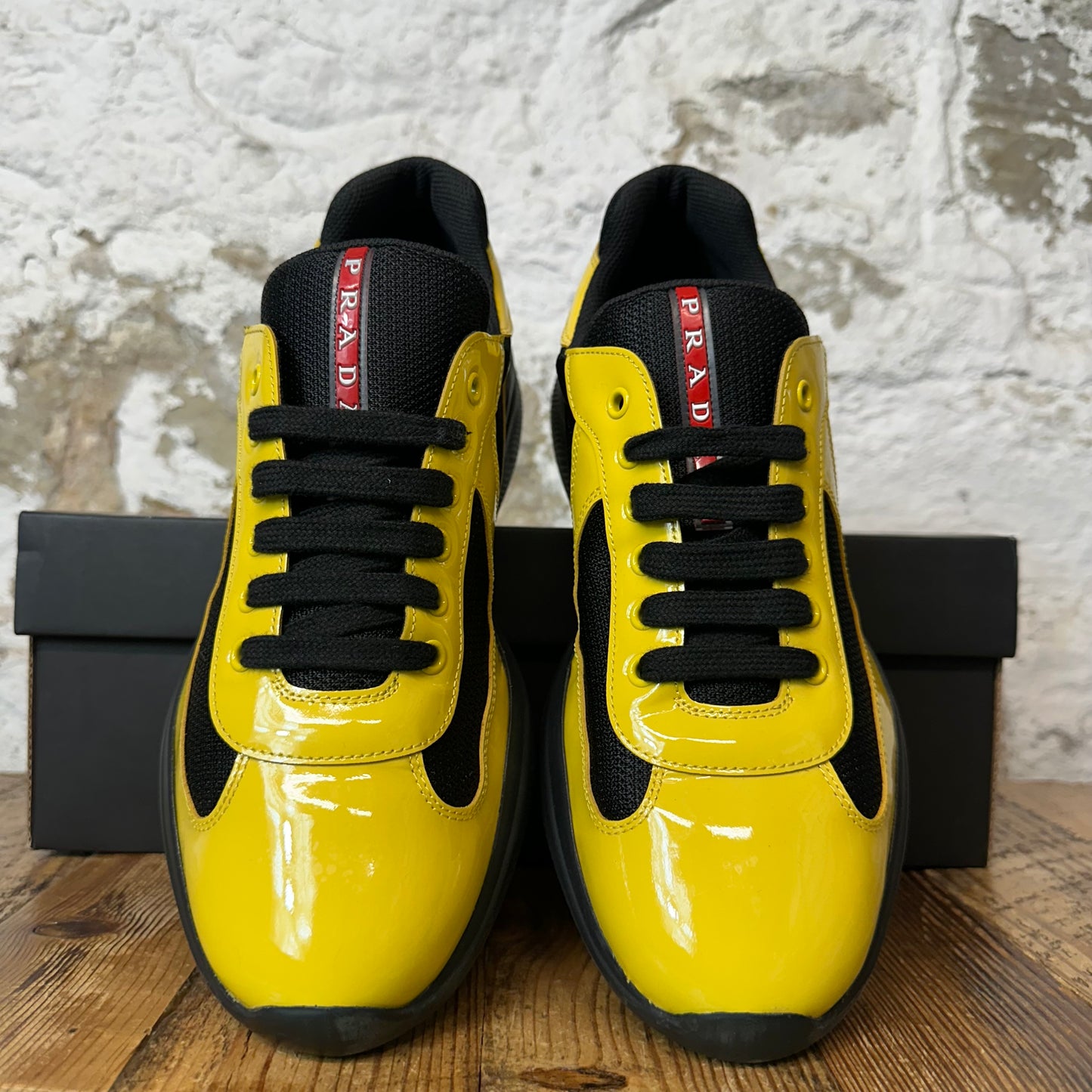 Prada Americas Cup Yellow Patent Black Sneaker Sz 8.5