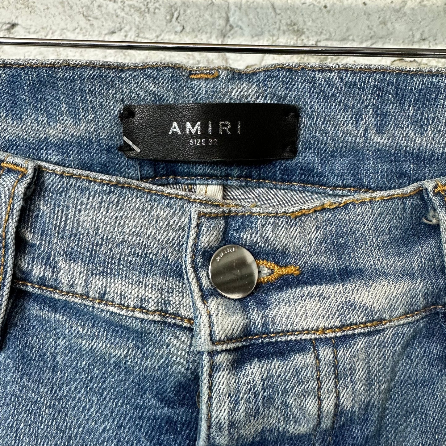Amiri Brown Leather Spell Blue Denim Jeans Sz 32