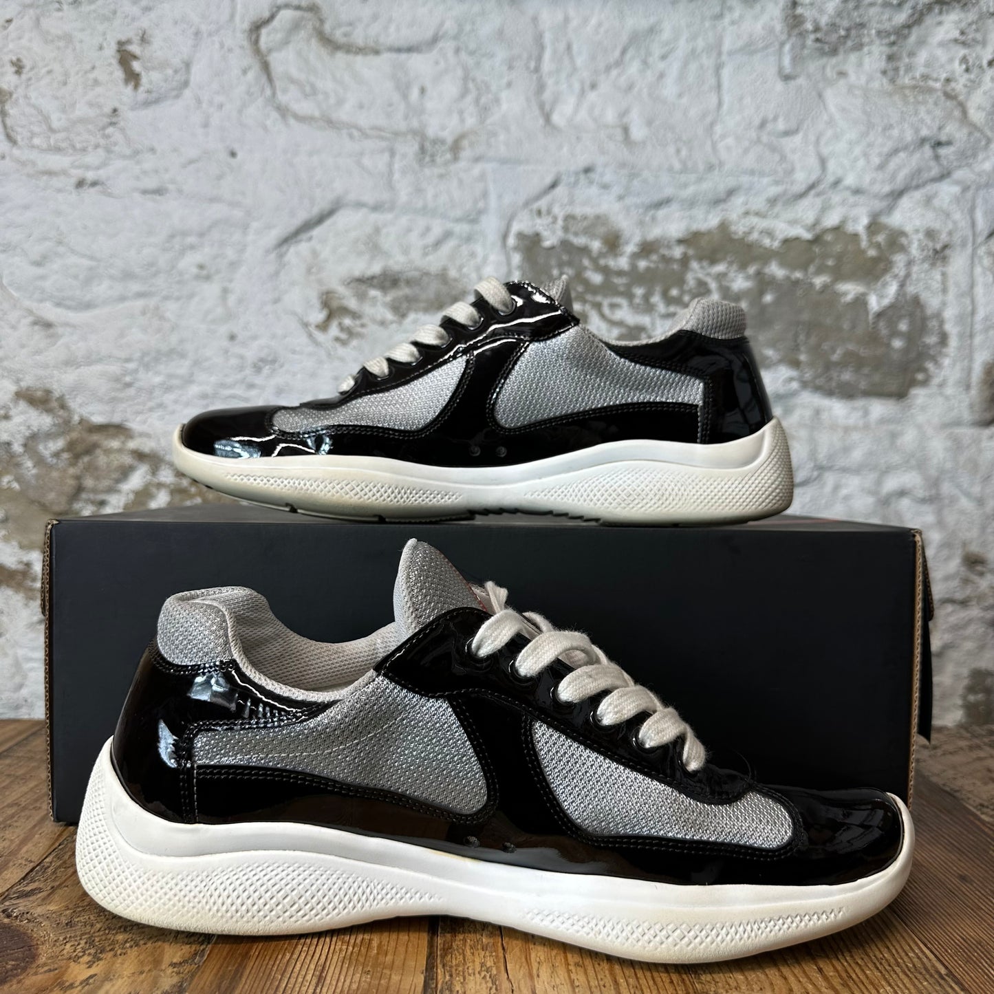 Prada Americas Cup Black Patent Grey White Sneaker Sz 8