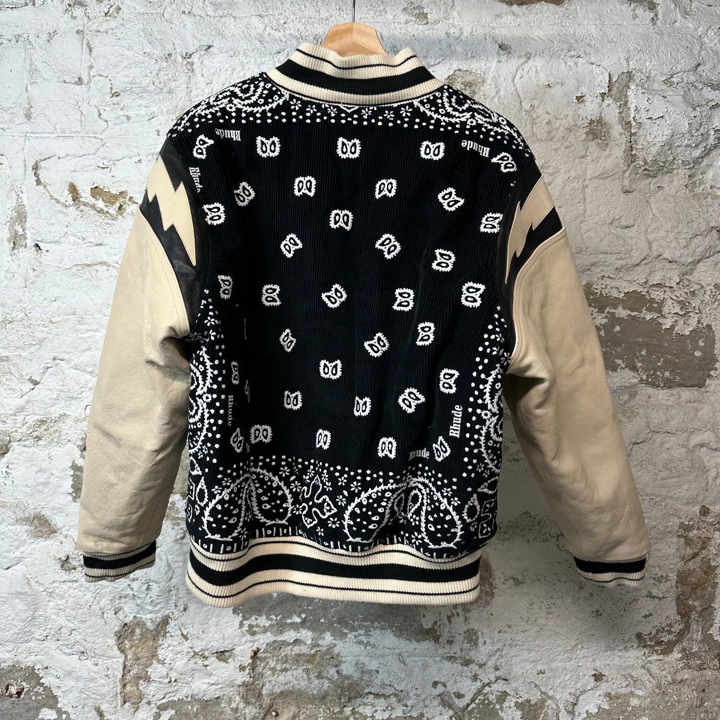 Rhude Black Paisley Beige Leather Varsity Jacket Sz M