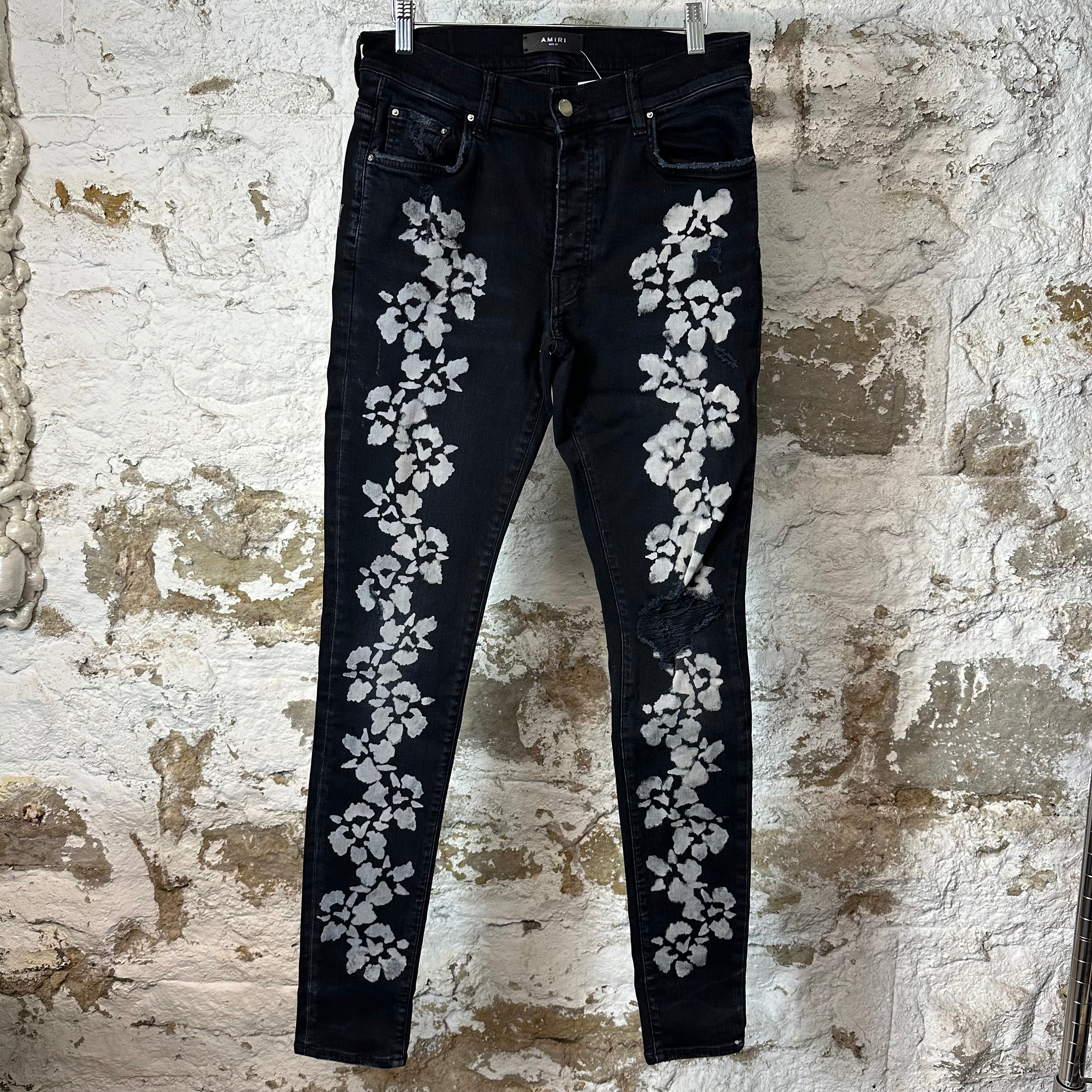 Amiri Hibiscus Flower Print Black Denim Jeans Sz 31