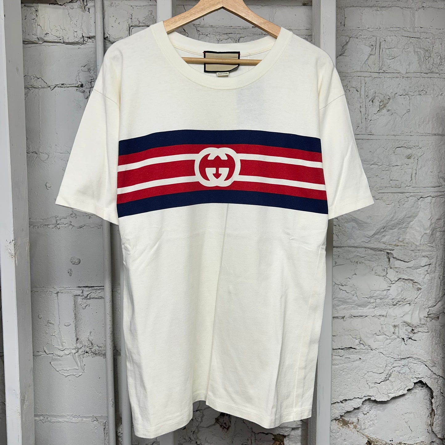 Gucci Interlocking Blue Red G Logo White T-Shirt Sz L