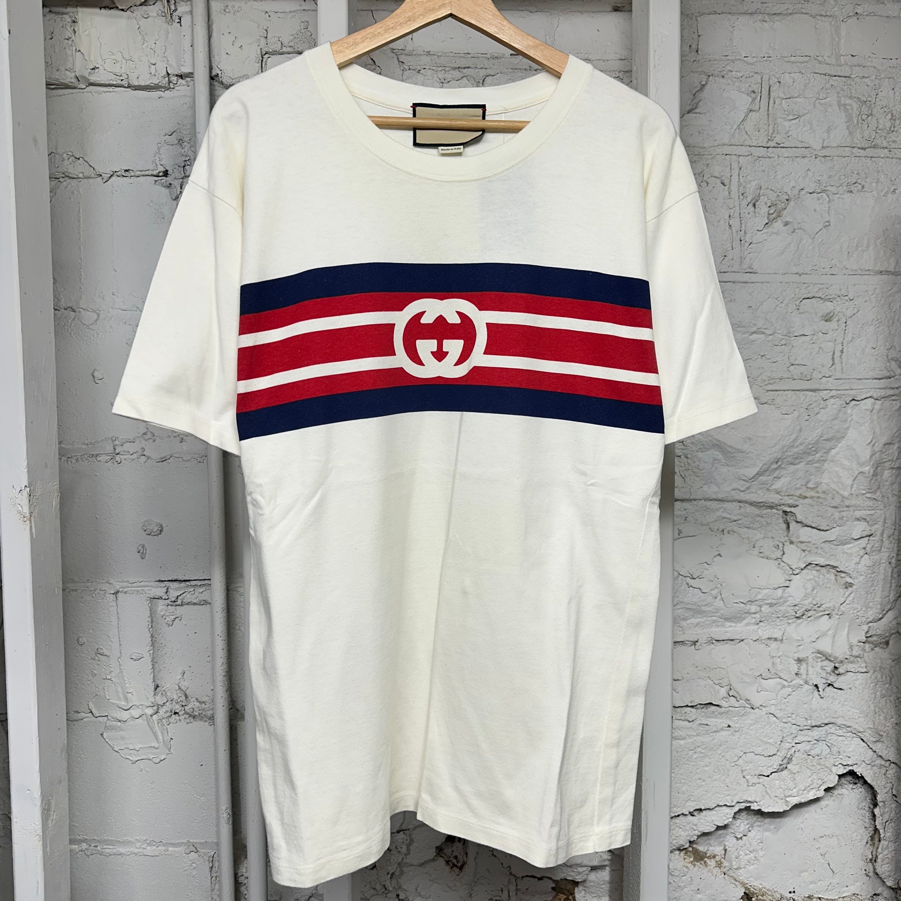 Gucci Interlocking Blue Red G Logo White T-Shirt Sz L