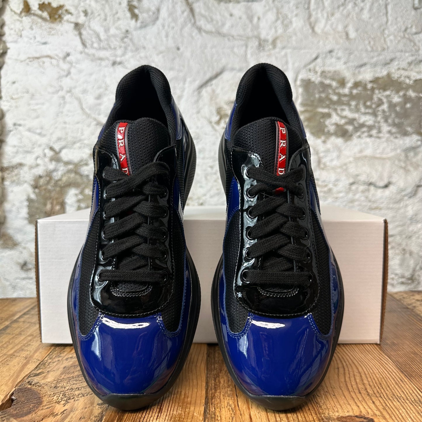 Prada Americas Cup Royal Blue Patent Black Sneaker Sz 8