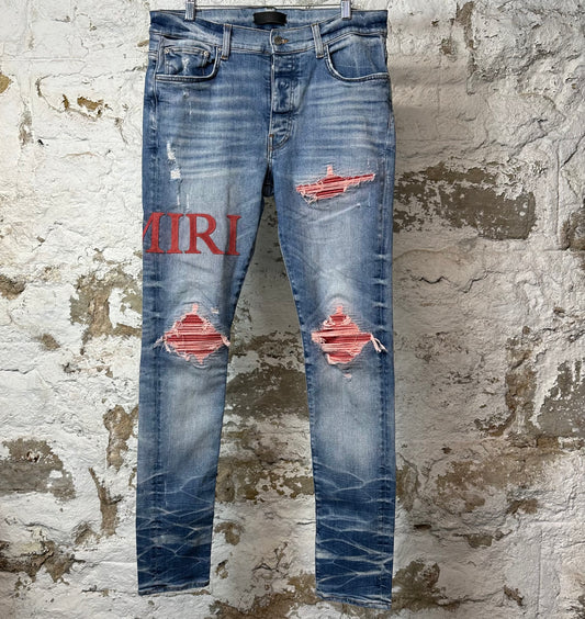 Amiri MX1 Red Suede Spell Blue Denim Jeans Sz 34 (Dried Suede)