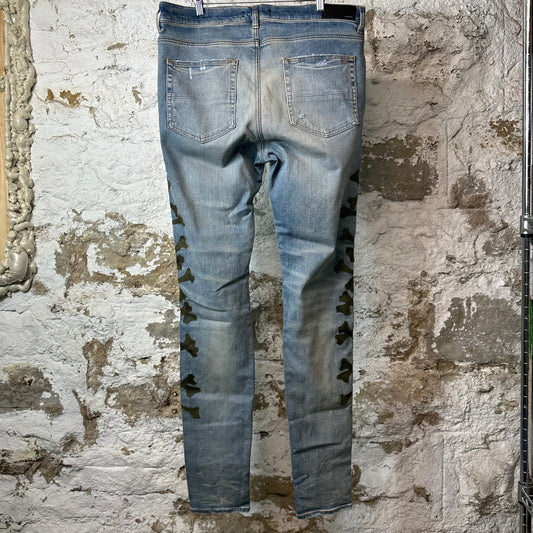Amiri Green Camo Bones Blue Denim Jeans Sz 38