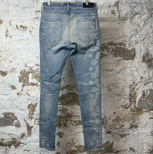 Amiri Knee Hole White Paisley Print Blue Denim Jeans Sz 32