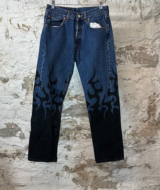 Vetements Black Flames Blue Denim Jeans Sz S