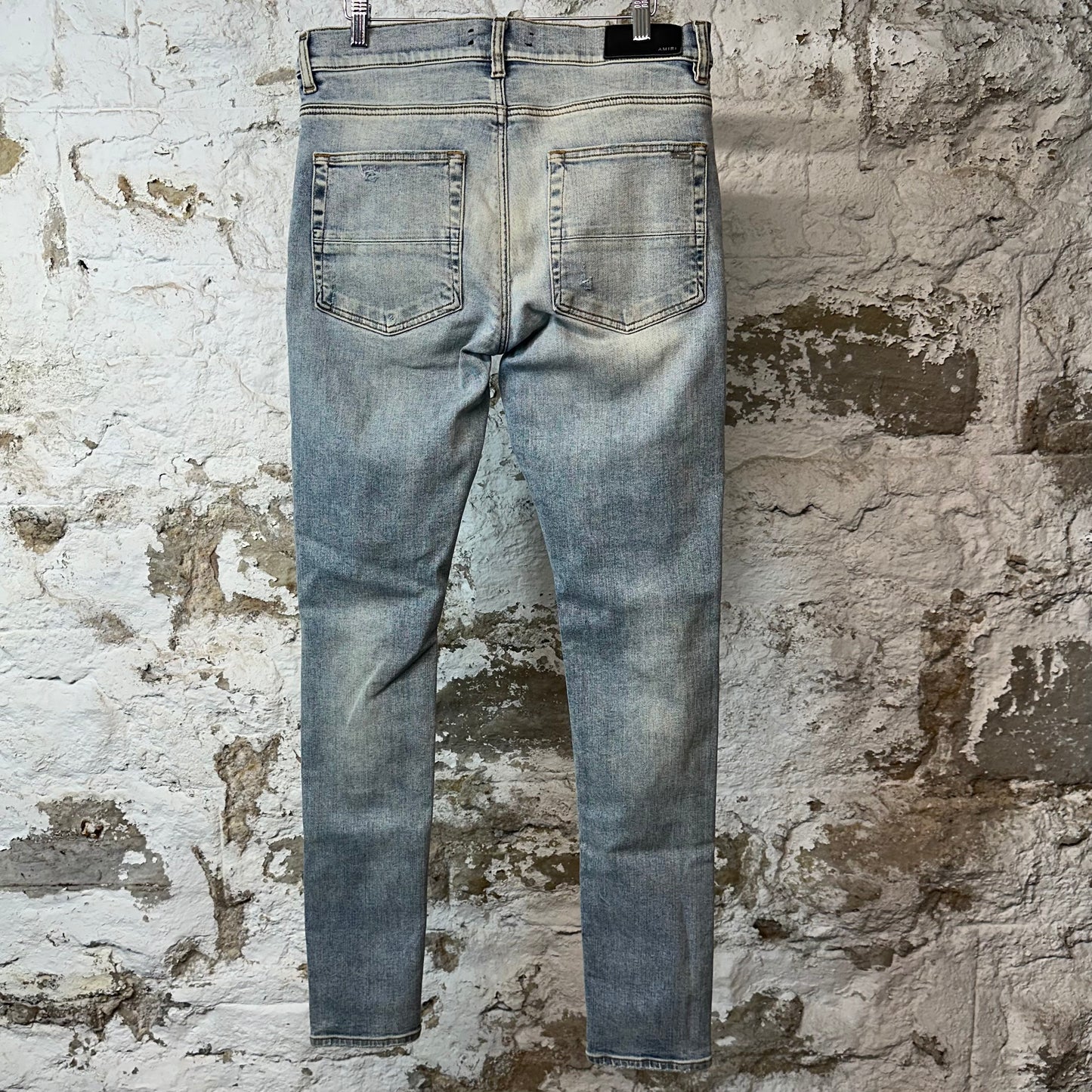 Amiri MX1 Black Leather Thrasher Washed Blue Denim Jeans Sz 33