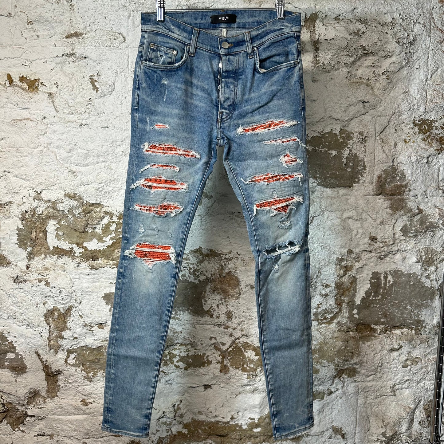 Amiri MX1 Orange Paisley Thrasher Blue Denim Jeans Sz 30