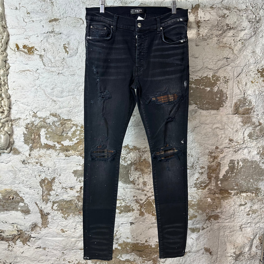Amiri MX1 Brown Plaid Flannel Black Denim Jeans Sz 32