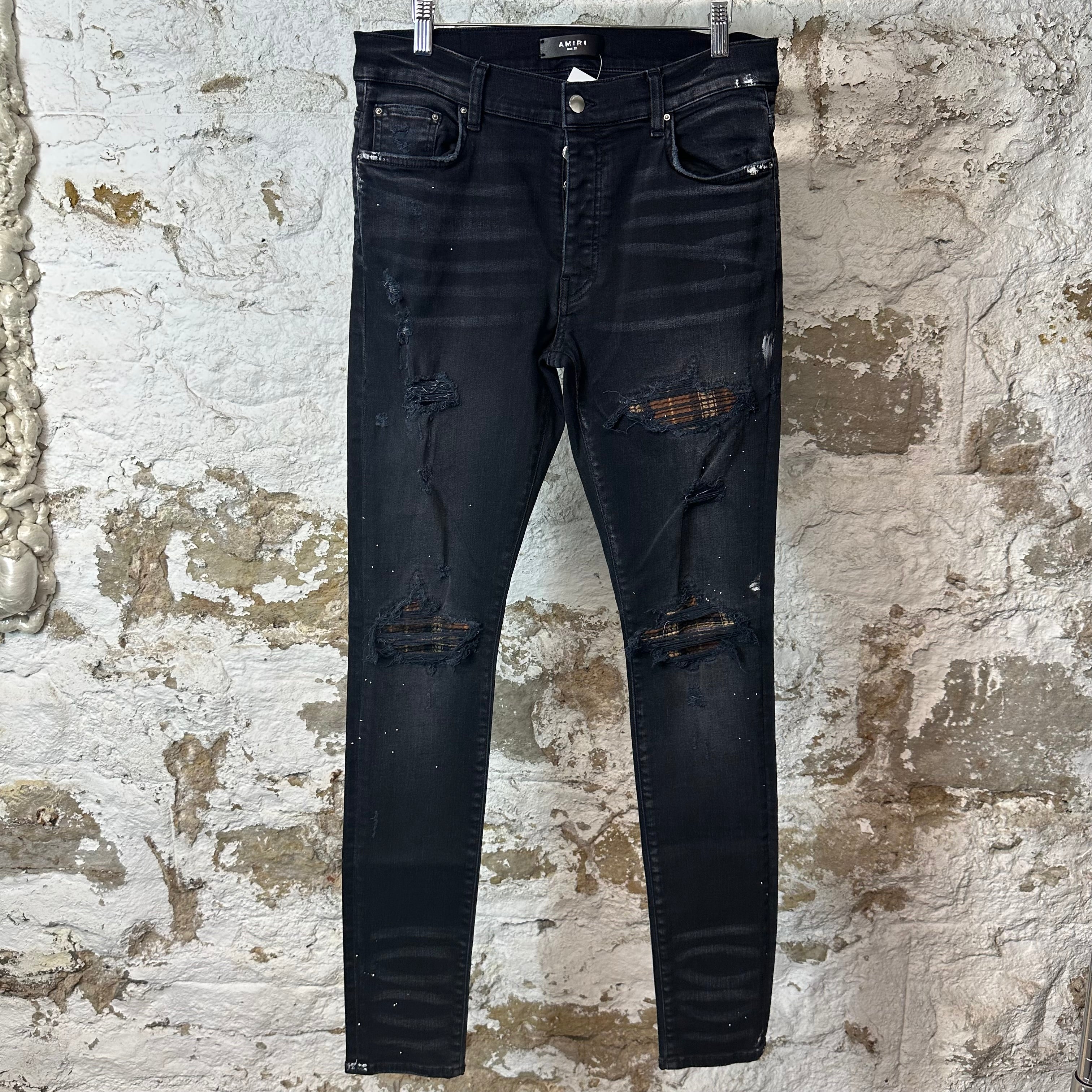 Amiri MX1 Brown Plaid Flannel Black Denim Jeans Sz 32