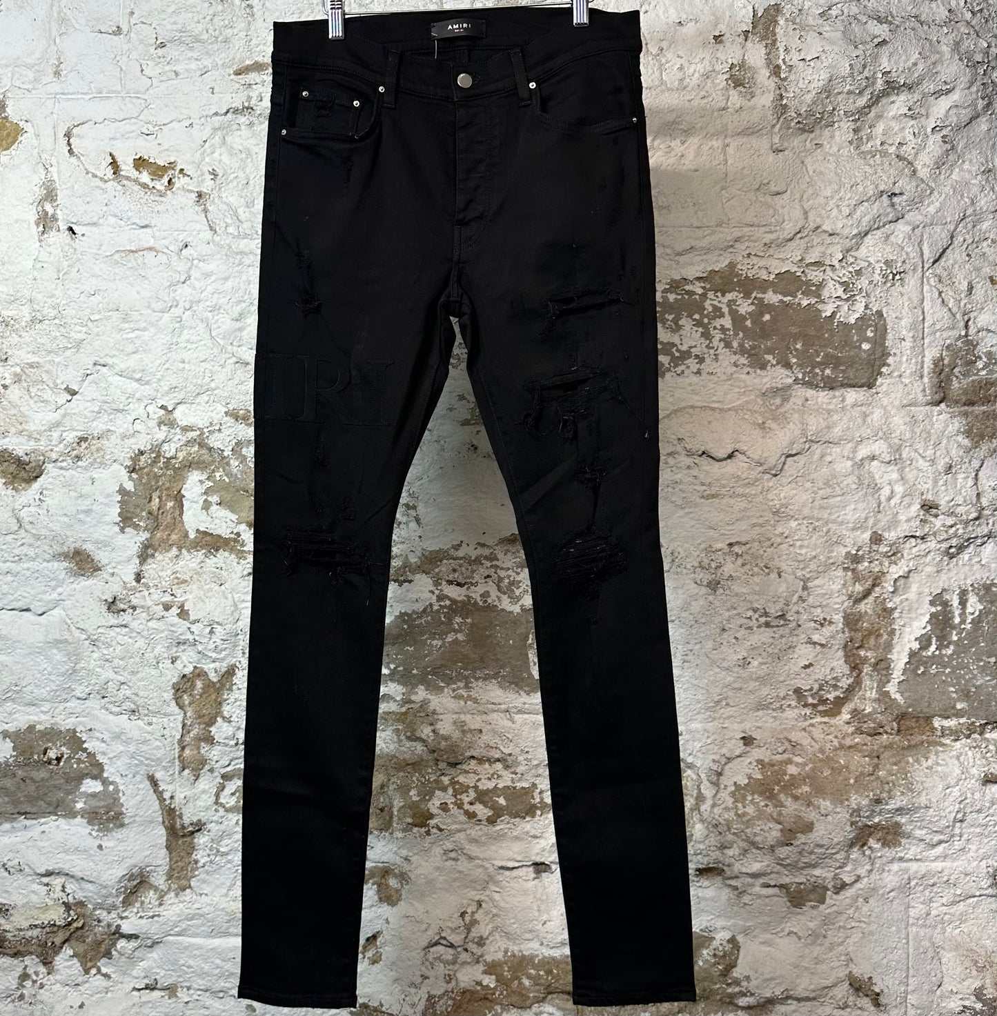 Amiri Black Suede Spell Black Denim Jeans Sz 33