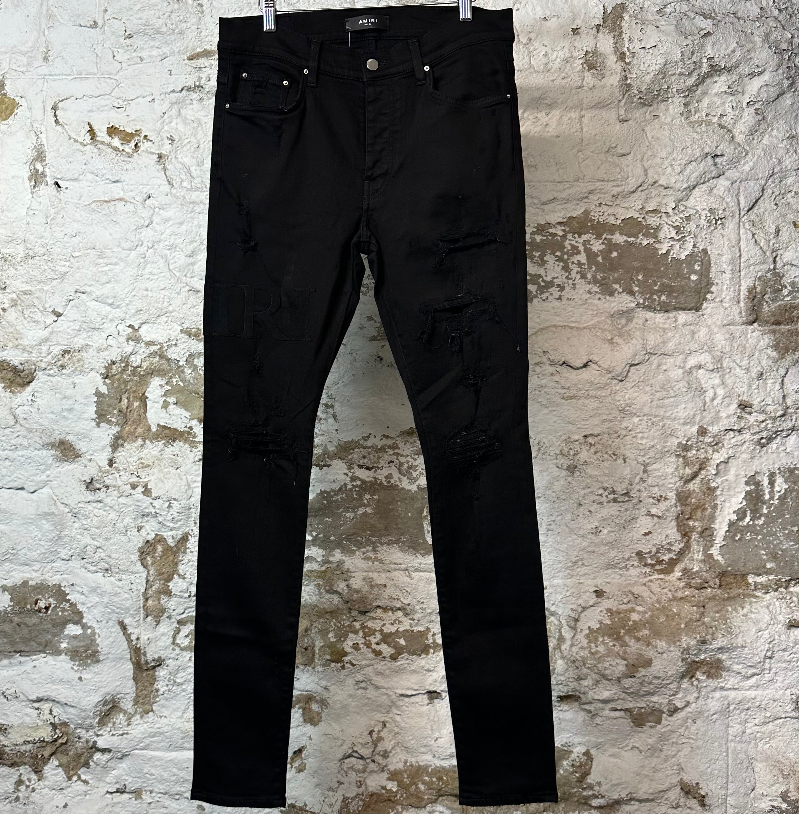 Amiri Black Suede Spell Black Denim Jeans Sz 33