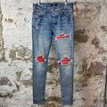 Amiri MX1 Red Suede Blue Denim Jeans Sz 33