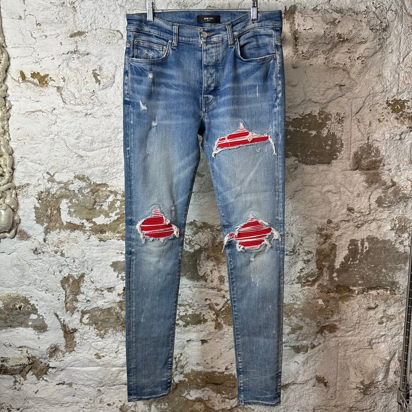Amiri MX1 Red Suede Blue Denim Jeans Sz 33