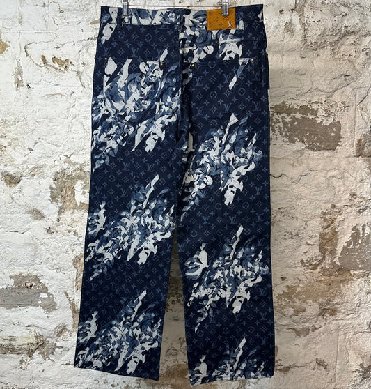 Louis Vuitton Floral Monogram Blue Denim Jeans Sz 34 DS