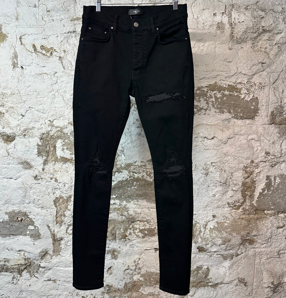 Amiri MX1 Black Leather Black Denim Jeans Sz 31