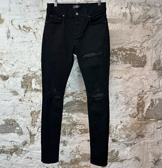 Amiri MX1 Black Leather Black Denim Jeans Sz 31