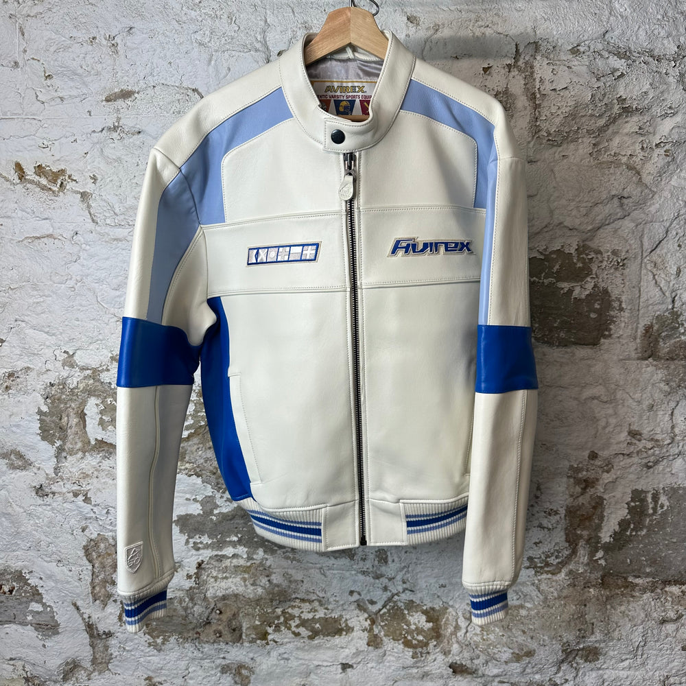 Avirex Off Shore White Blue Leather Jacket Sz L