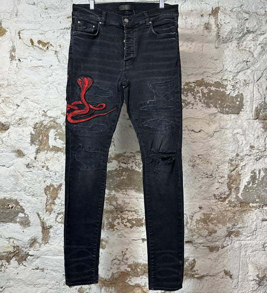 Amiri Red Cobra Black Denim Jeans Sz 32