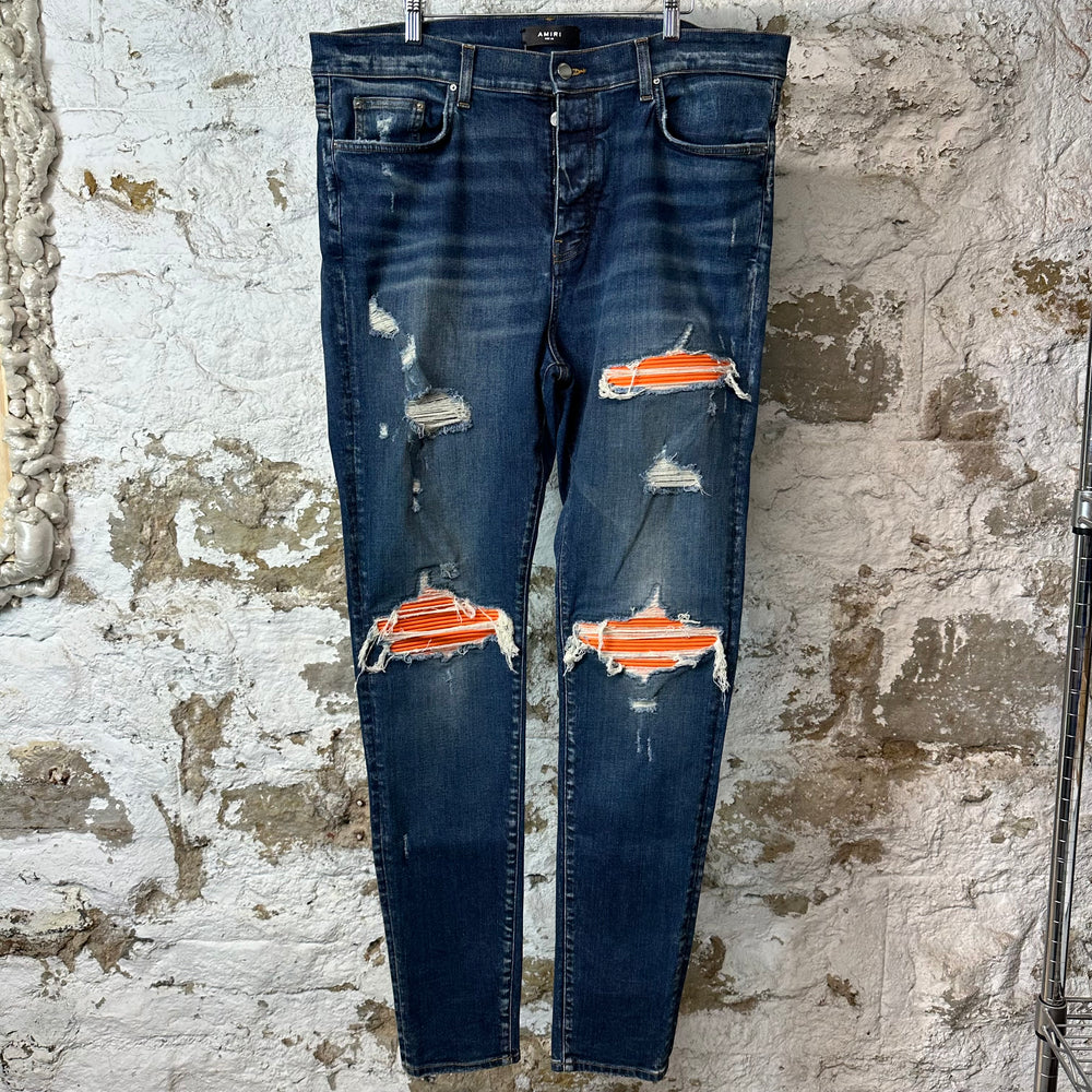 Amiri MX1 Orange Suede Dark Blue Denim Jeans Sz 40