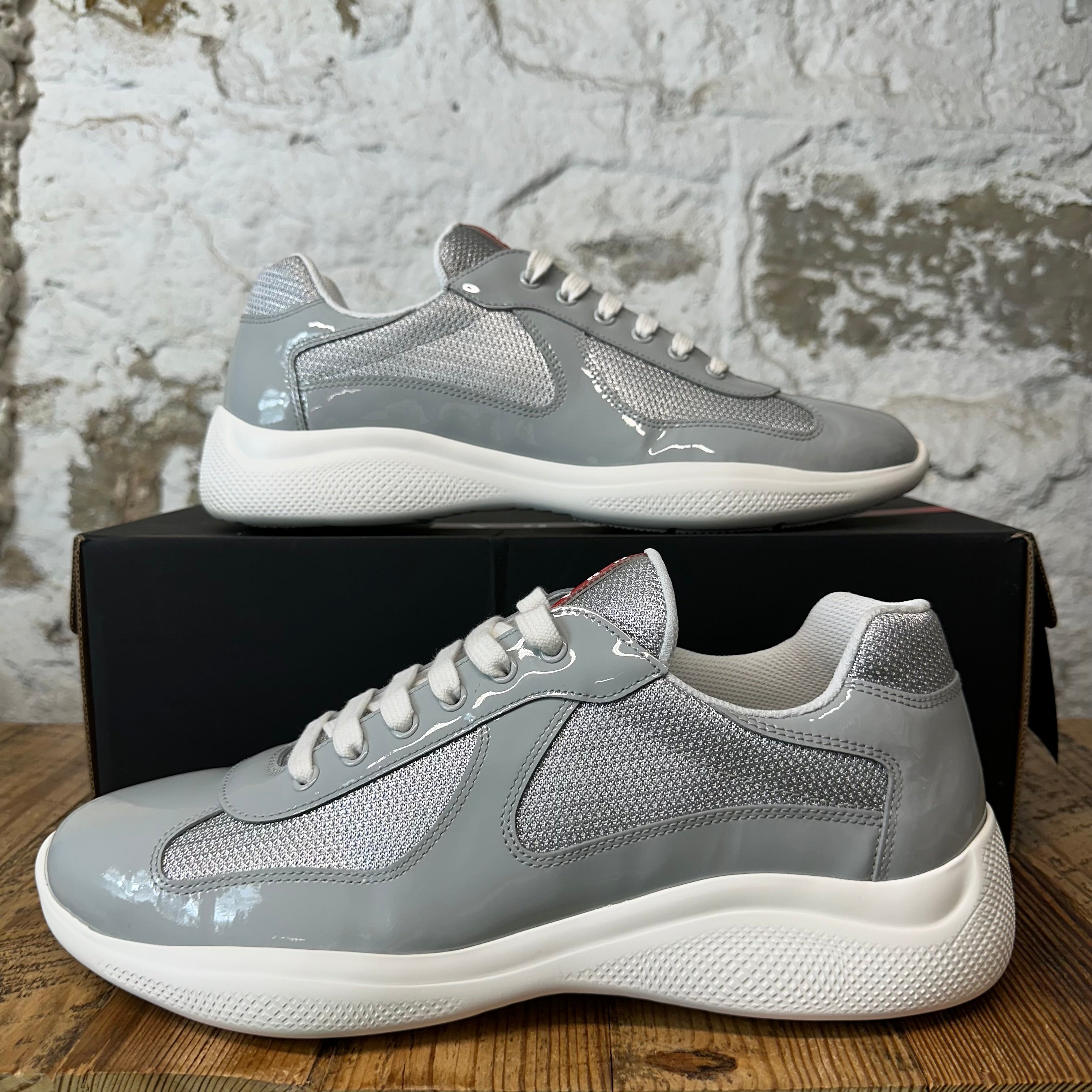 Prada Americas Cup Grey Patent White Sneaker Sz 11