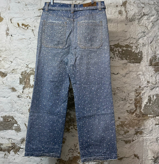 Birth Of Royal Child Printed Washed Blue Rhinestone Jeans Sz M