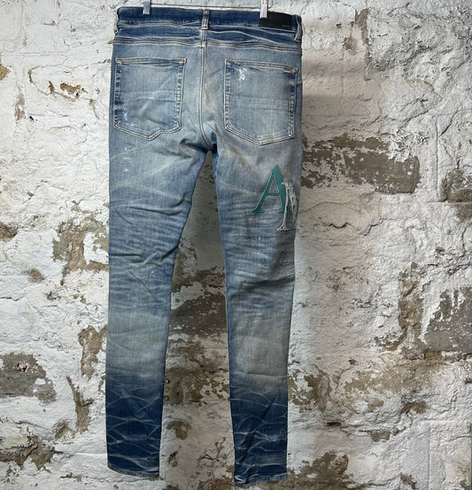 Amiri Mulitcolor Leather Stagger Logo Blue Denim Jeans Sz 34