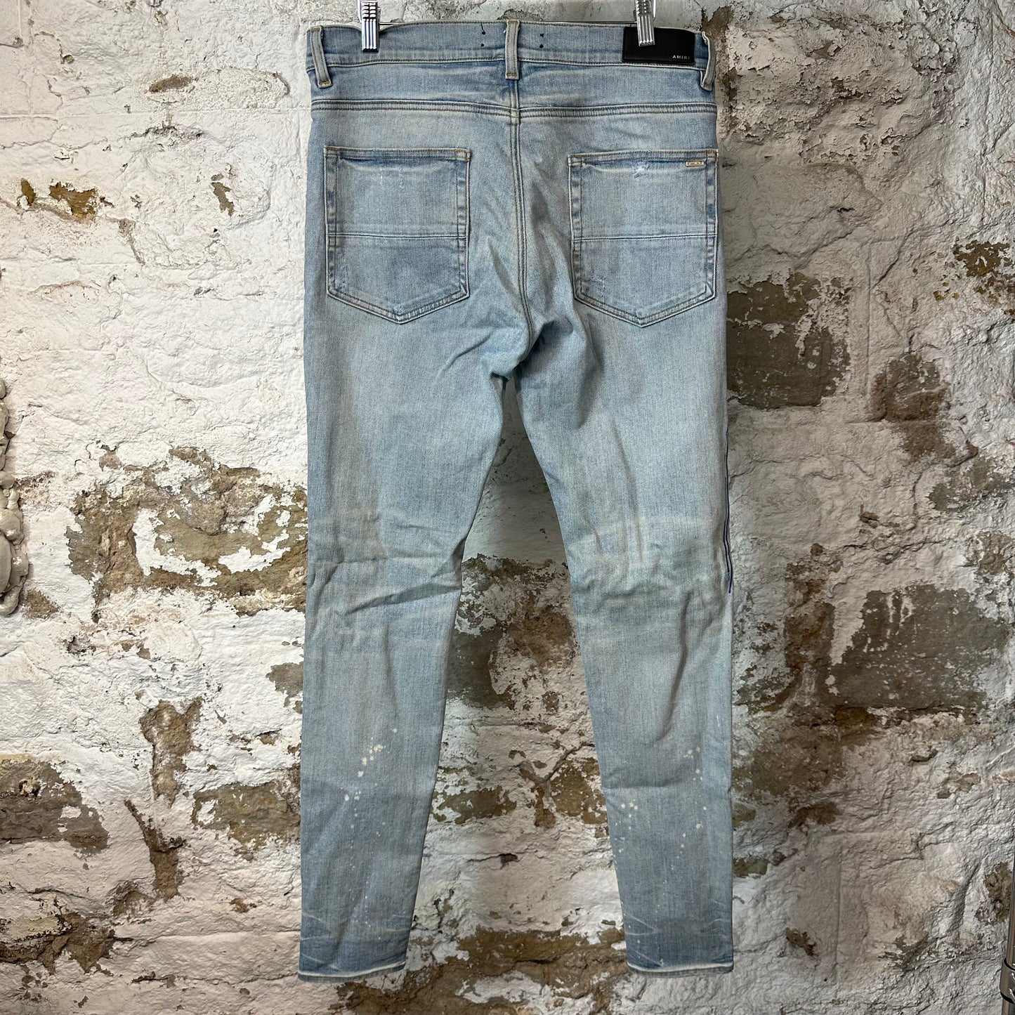 Amiri Knee Hole Paint Drip Spell Blue Denim Jeans Sz 34