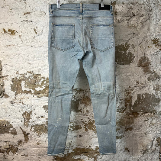 Amiri Knee Hole Paint Drip Spell Blue Denim Jeans Sz 34