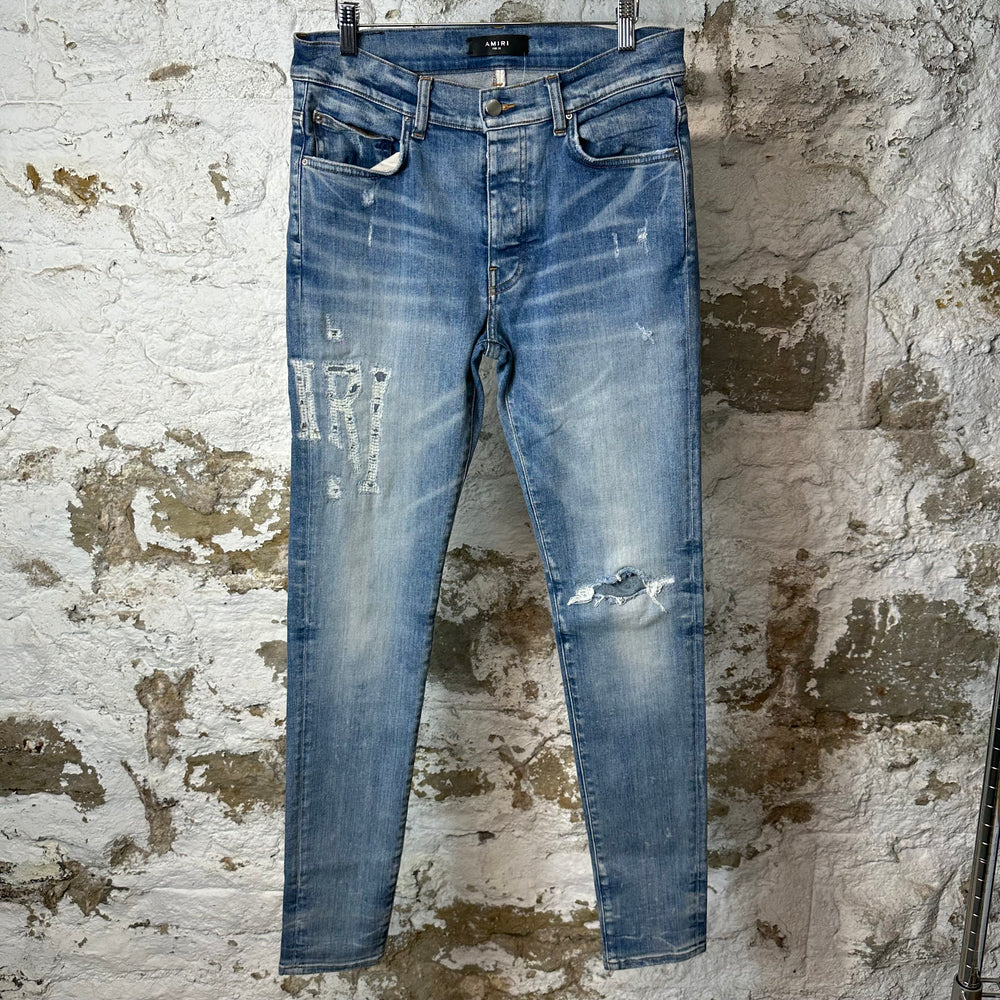 Amiri Distressed Side Spell Blue Denim Jeans Sz 32