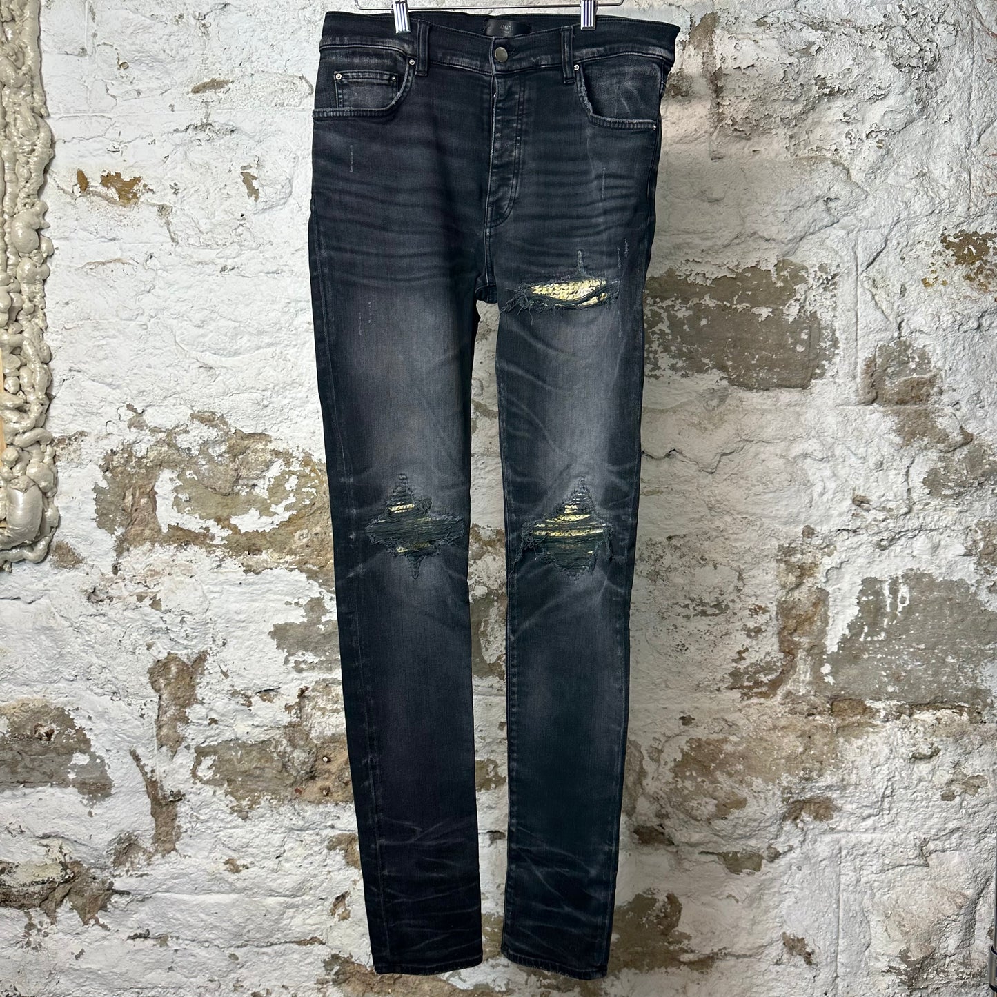 Amiri MX1 Yellow Paisley Faded Black Denim Jeans Sz 33