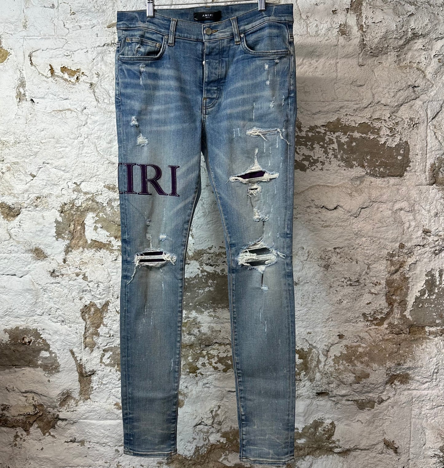 Amiri Purple Suede Spell Blue Denim Jeans Sz 33