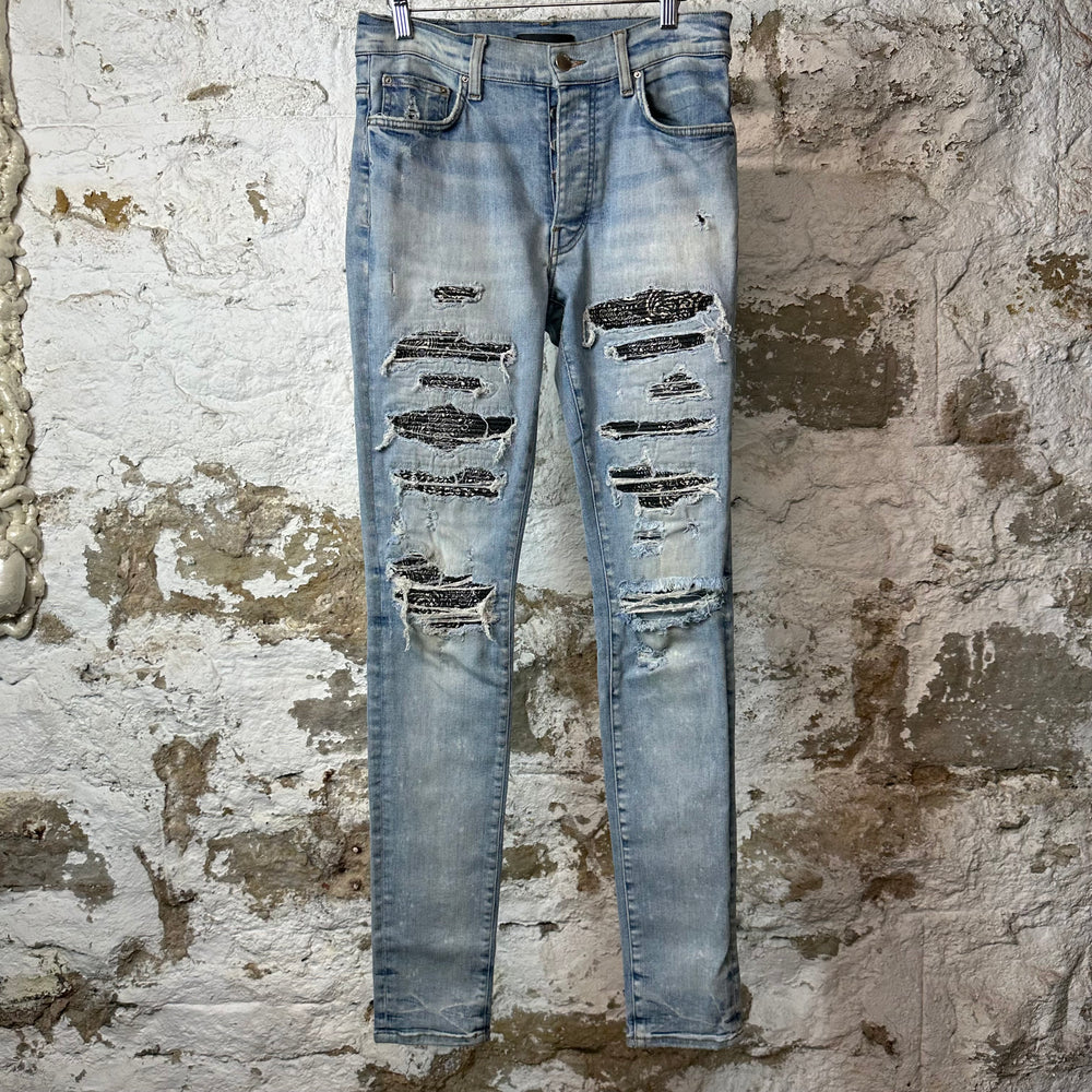 Amiri MX1 Black Paisley Thrasher Blue Denim Jeans Sz 30