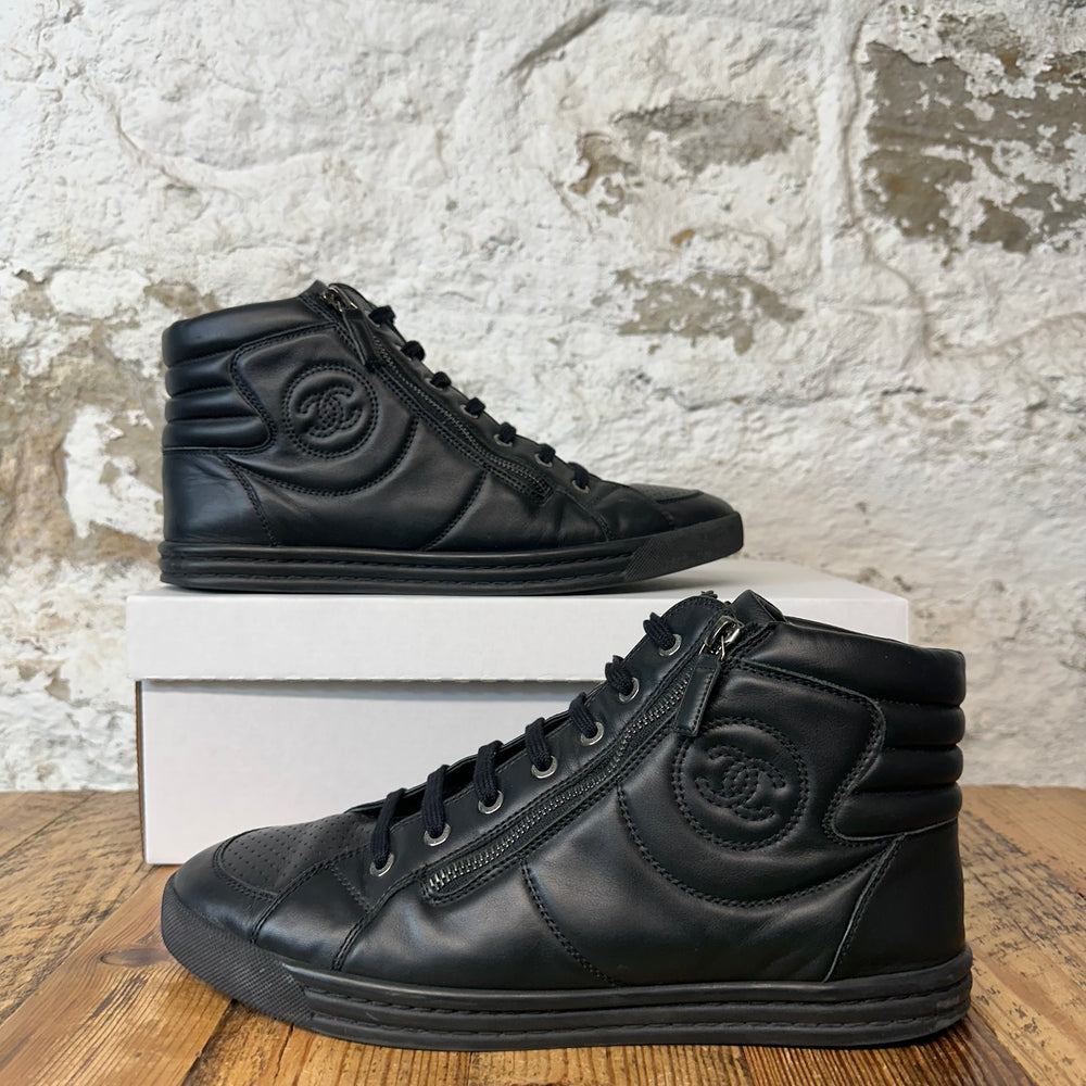 Chanel High Triple Black CC Leather Sneaker Sz 9 (42)