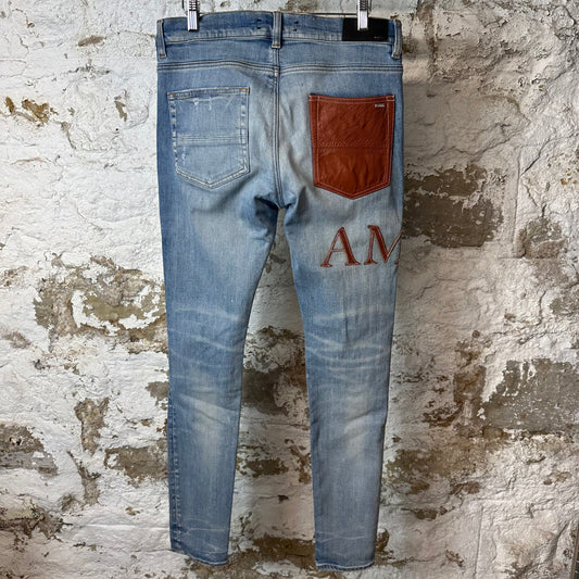 Amiri Brown Leather Spell Blue Denim Jeans Sz 32