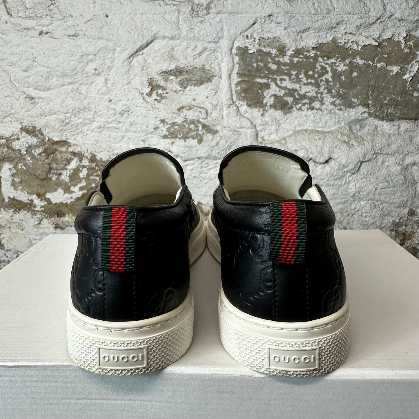 Gucci Black GG Embossed Monogram Slip On White Sneaker Sz 7.5