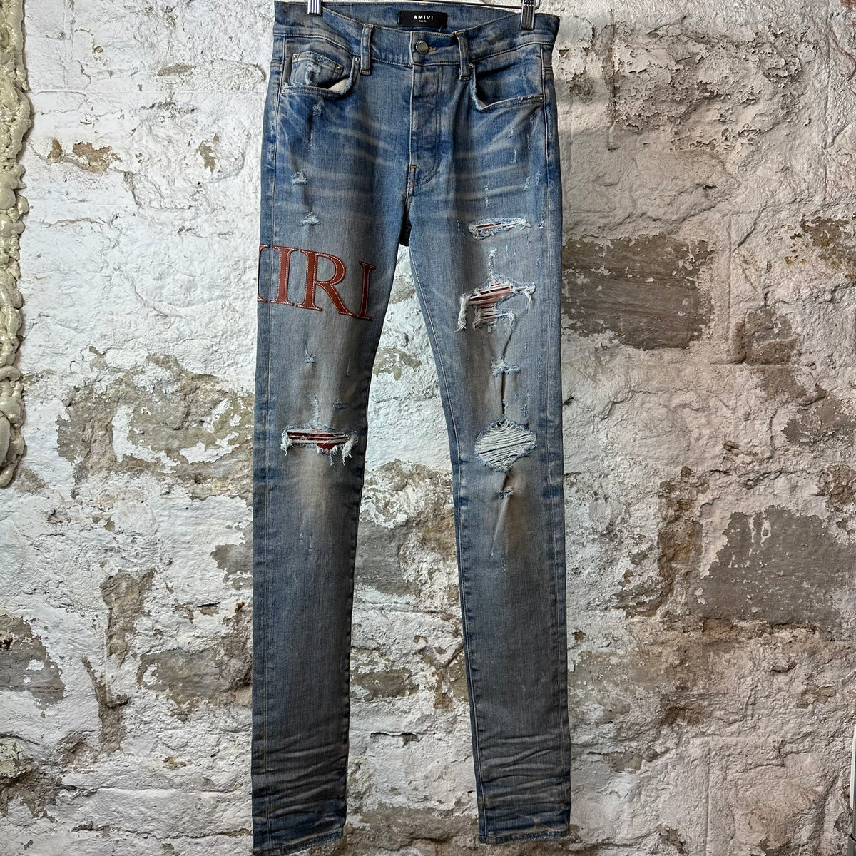 Amiri Brown Leather Core Logo Blue Denim Jeans Sz 29