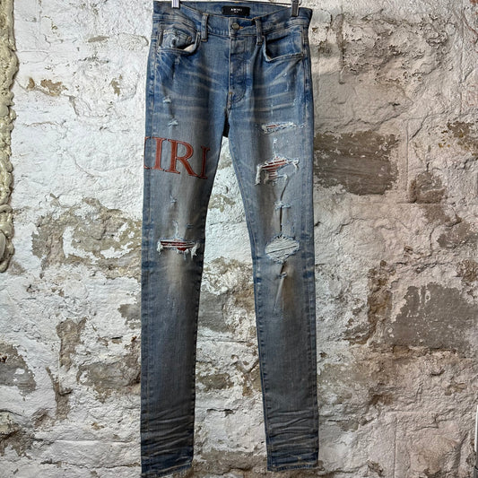 Amiri Brown Leather Core Logo Blue Denim Jeans Sz 29