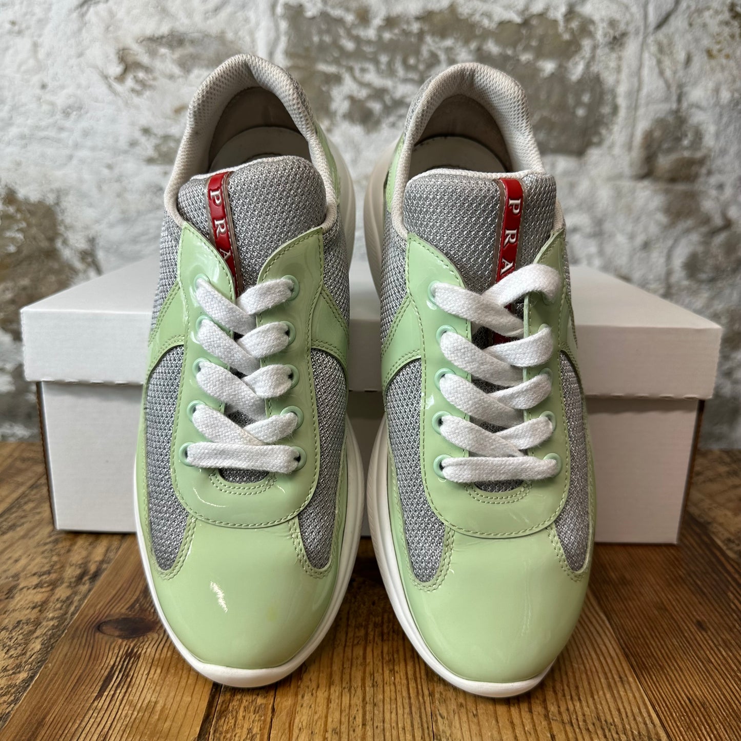 Prada Americas Cup Mint Green Patent Grey White Sneaker Sz 6 (38)