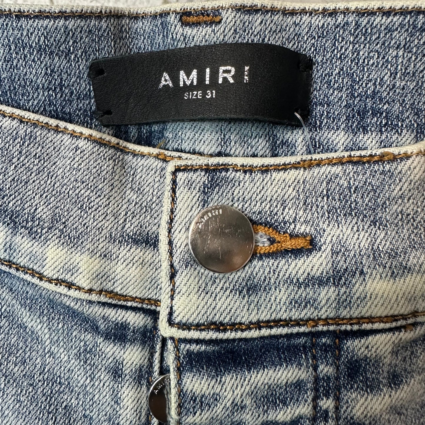 Amiri MX1 Black Leather Washed Blue Denim Jeans Sz 31
