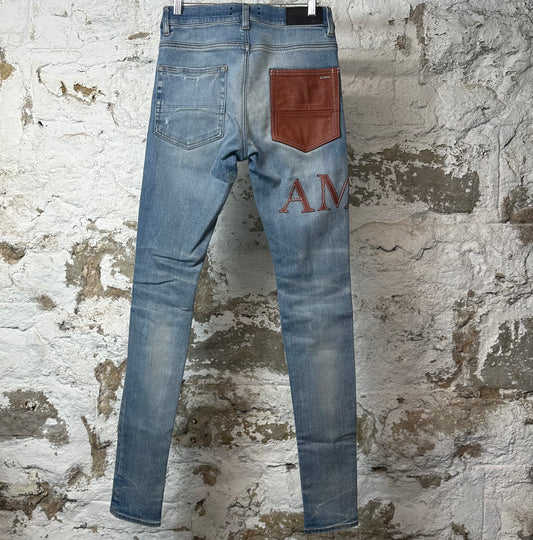 Amiri Brown Leather Spell Blue Denim Jeans Sz 28