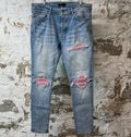 Amiri MX1 Pink Suede Blue Denim Jeans Sz 36